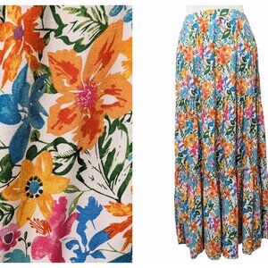 Cynthia Rowley Womens Size M Floral Tiered Ruffle Side Pockets Rayon Midi Skirt